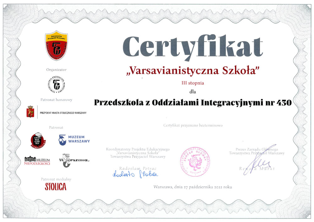 Certyfikat Varsavianistyczna Szkoła
